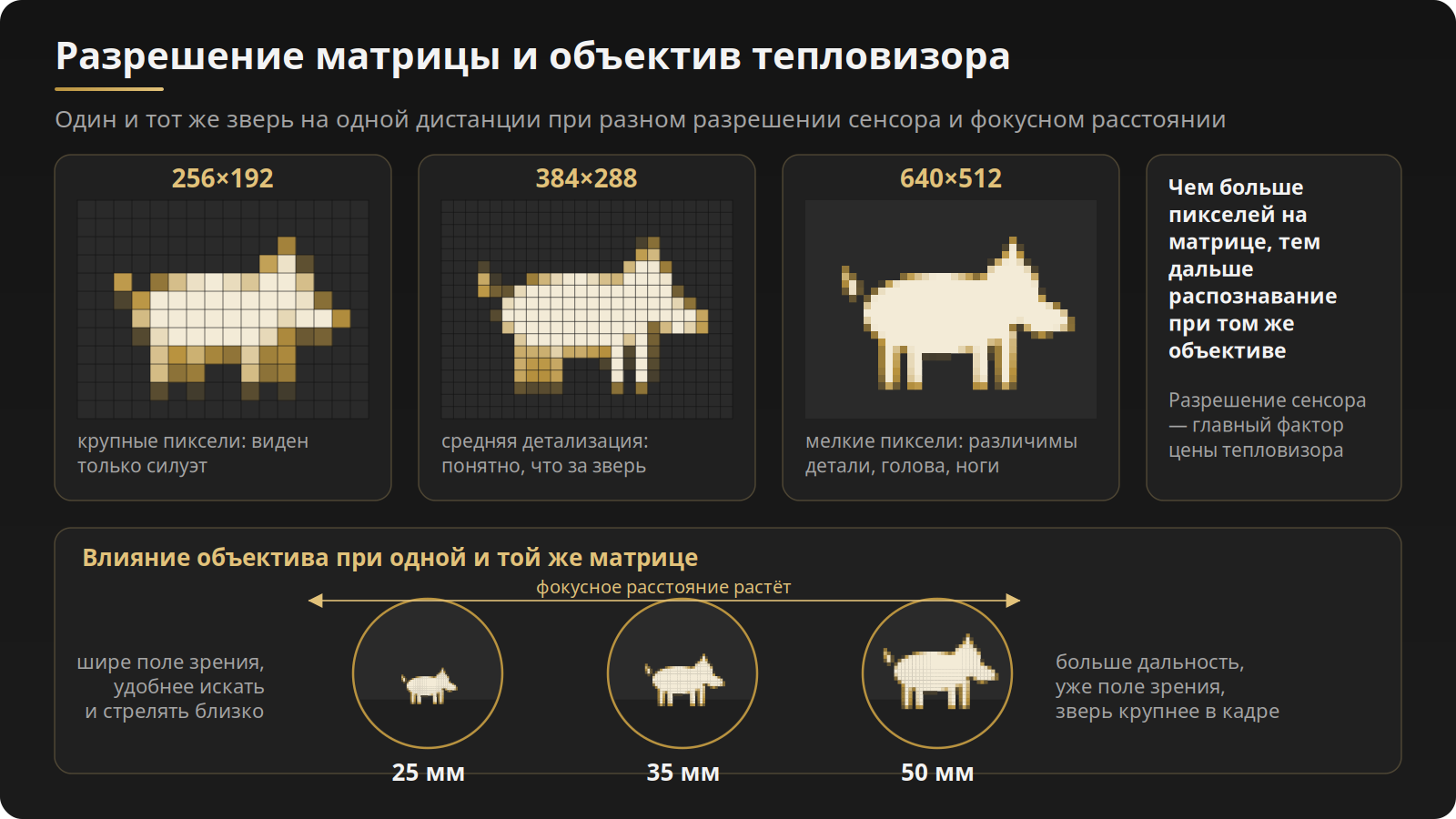 Сравнение детализации силуэта на матрицах 256×192, 384×288 и 640×512 и влияние объектива 25, 35 и 50 мм