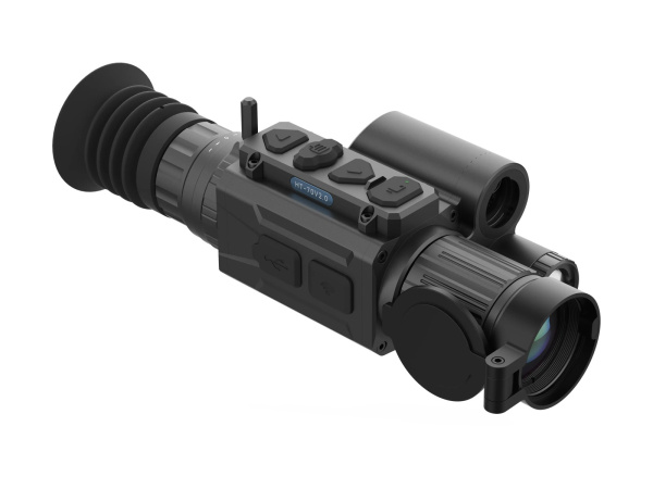 Цифровой прицел Sytong HT-70 LRF V2: панель кнопок, блок дальномера и откинутая крышка объектива